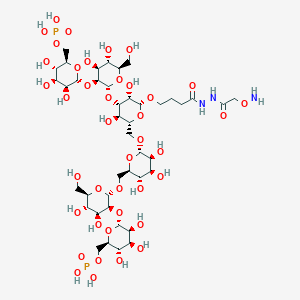 molecular formula C42H75N3O40P2 B12784103 [(2R,3S,4S,5S,6R)-6-[(2S,3S,4S,5S,6R)-2-[[(2R,3S,4S,5S,6S)-6-[[(2R,3R,4S,5S,6R)-6-[4-[2-(2-aminooxyacetyl)hydrazinyl]-4-oxobutoxy]-4-[(2R,3S,4S,5S,6R)-4,5-dihydroxy-6-(hydroxymethyl)-3-[(2R,3S,4S,5S,6R)-3,4,5-trihydroxy-6-(phosphonooxymethyl)oxan-2-yl]oxyoxan-2-yl]oxy-3,5-dihydroxyoxan-2-yl]methoxy]-3,4,5-trihydroxyoxan-2-yl]methoxy]-4,5-dihydroxy-6-(hydroxymethyl)oxan-3-yl]oxy-3,4,5-trihydroxyoxan-2-yl]methyl dihydrogen phosphate CAS No. 1040259-08-2