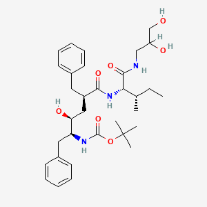 molecular formula C33H49N3O7 B12784490 Carbamic acid, (5-((1-(((2,3-dihydroxypropyl)amino)carbonyl)-2-methylbutyl)amino)-2-hydroxy-5-oxo-1,4-bis(phenylmethyl)pentyl)-, 1,1-dimethylethyl ester CAS No. 126409-66-3