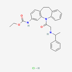 molecular formula C27H30ClN3O3 B12784746 Ethyl (10,11-dihydro-5-(((1-phenylethyl)amino)acetyl)-5H-dibenz(b,f)azepin-3-yl)carbamate HCl CAS No. 134068-50-1