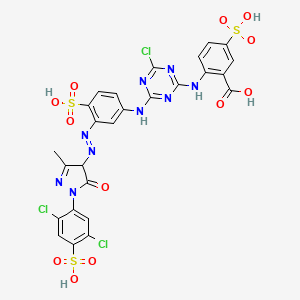molecular formula C26H18Cl3N9O12S3 B12785642 2-((4-Chloro-6-((3-((1-(2,5-dichloro-4-sulphophenyl)-4,5-dihydro-3-methyl-5-oxo-1H-pyrazol-4-yl)azo)-4-sulphophenyl)amino)-1,3,5-triazin-2-yl)amino)-5-sulphobenzoic acid CAS No. 93858-80-1