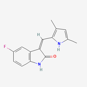 molecular formula C15H13FN2O B12786015 3-(3,5-Dimethyl-1H-pyrrol-2-ylmethylene)-5-fluoro-1,3-dihydroindol-2-one CAS No. 856436-17-4