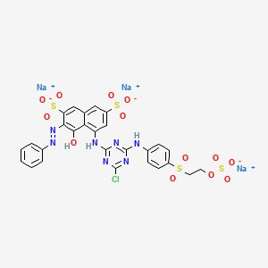 molecular formula C27H19ClN7Na3O13S4 B12786144 2,7-Naphthalenedisulfonic acid, 5-((4-chloro-6-((4-((2-(sulfooxy)ethyl)sulfonyl)phenyl)amino)-1,3,5-triazin-2-yl)amino)-4-hydroxy-3-(phenylazo)-, trisodium salt CAS No. 80156-96-3