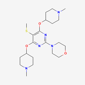 molecular formula C21H35N5O3S B12786376 Morpholine, 4-((4,6-bis(1-methyl-4-piperidinyl)oxy)-5-(methylthio)-2-pyrimidinyl)- CAS No. 57304-24-2