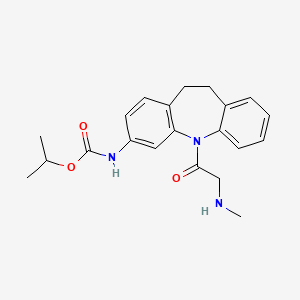 molecular formula C21H25N3O3 B12786514 Carbamic acid, (10,11-dihydro-5-((methylamino)acetyl)-5H-dibenz(b,f)azepin-3-yl)-, 1-methylethyl ester CAS No. 134068-24-9