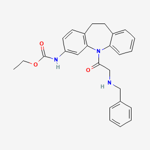 molecular formula C26H27N3O3 B12786542 Carbamic acid, (10,11-dihydro-5-((phenylmethyl)amino)acetyl)-5H-dibenz(b,f)azepin-3-yl)-, ethyl ester CAS No. 134068-15-8