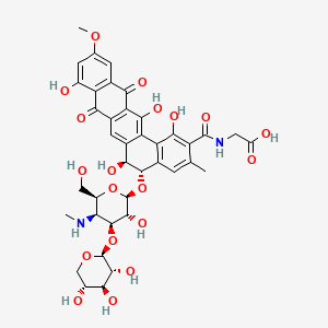 molecular formula C39H42N2O19 B12787002 Glycine, N-(((5S,6S)-5-((4,6-dideoxy-4-(methylamino)-3-O-beta-D-xylopyranosyl-beta-D-galactopyranosyl)oxy)-5,6,8,13-tetrahydro-1,6,9,1--tetrahydroxy-11-methoxy-3-methyl-8,13-dioxobenzo(a)naphthacen-2-yl)carbonyl)- CAS No. 128162-62-9