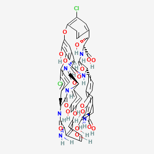 molecular formula C58H47Cl2N7O19 B12787181 L-Tyrosine, (2S)-2-(3,4-dihydroxyphenyl)glycyl-3-chloro-D-tyrosyl-(2S)-2-(3,5-dihydroxyphenyl)glycyl-(2R)-2-(3,4,5-trihydroxyphenyl)glycyl-(2R-(2'-((R)-aminocarboxymethyl)-4',6,6'-trihydroxy(1,1'-biphenyl)-3-yl)glycyl-3-chloro-beta-hydroxy-, cyclic(13-3),(2-43),(45-64)-triether, (betaR)- 