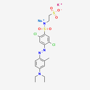 molecular formula C19H22Cl2KN4NaO5S2 B12787245 Ethanesulfonic acid, 2-(((2,5-dichloro-4-((4-(diethylamino)-2-methylphenyl)azo)phenyl)sulfonyl)amino)-, potassium sodium salt CAS No. 72828-66-1