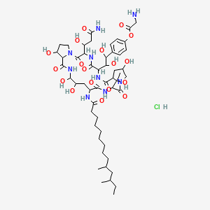 molecular formula C52H84ClN9O18 B12787282 L-Proline, N-(10,12-dimethyl-1-oxotetradecyl)-(4R,5R)-4,5-dihydroxy-L-ornithyl-L-threonyl-trans-4-hydroxy-L-prolyl-(S)-4-hydroxy-4-(4-hydroxyphenyl)-L-threonyl-threo-3-hydroxy-L-glutaminyl-3-hydroxy-, cyclic (6>1)-peptide, 4-ester with glycine, monohydrochloride, trans- CAS No. 138661-19-5