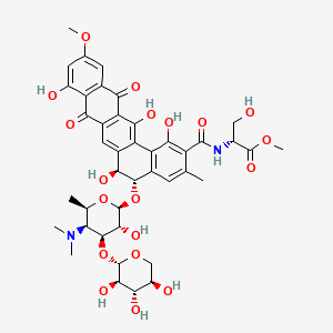 molecular formula C42H48N2O19 B12787372 D-Serine, N-((5-((4,6-dideoxy-4-(dimethylamino)-3-O-beta-D-xylopyranosyl-beta-D-galactopyranosyl)oxy)-5,6,8,13-tetrahydro-1,6,9,14-tetrahydroxy-11-methoxy-3-methyl-8,13-dioxobenzo(a)naphthacen-2-yl)carbonyl)-, methyl ester, (5S-trans)- CAS No. 150038-42-9