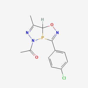 molecular formula C12H11ClN3O2P B12787390 5-Acetyl-3-(4-chlorophenyl)-7-methyl-5,7a-dihydro(1,2,3)diazaphospholo(3,4-d)(1,2,4)oxazaphosphole CAS No. 82201-26-1