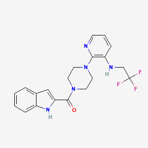 molecular formula C20H20F3N5O B12787457 Piperazine, 1-(1H-indol-2-ylcarbonyl)-4-(3-((2,2,2-trifluoroethyl)amino)-2-pyridinyl)- CAS No. 136816-92-7