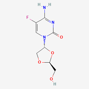 molecular formula C8H10FN3O4 B12787653 alpha-L-(+)-(2S,4R)-1-(2-(Hydroxymethyl)-1,3-dioxolan-4-yl)-5-fluorocytosine CAS No. 147060-42-2