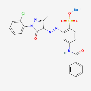 molecular formula C23H17ClN5NaO5S B12787670 Benzenesulfonic acid, 4-(benzoylamino)-2-((1-(2-chlorophenyl)-4,5-dihydro-3-methyl-5-oxo-1H-pyrazol-4-yl)azo)-, monosodium salt CAS No. 77847-15-5