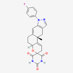 molecular formula C24H21FN4O4 B12789316 Spiro((1)benzopyrano(5,6-F)indazole-3(2H),5'(2'H)-pyrimidine)-2',4',6'(1'H,3'H)-trione, 8-(4-fluorophenyl)-4a,5,6,8,11,11a-hexahydro-11a-methyl-, trans- CAS No. 83982-91-6