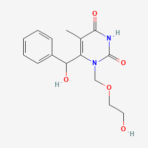 molecular formula C15H18N2O5 B12789347 1-((2-Hydroxyethoxy)methyl)-6-(1-hydroxy-1-phenyl-methyl)thymine CAS No. 131194-13-3
