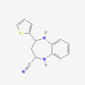 molecular formula C14H13N3S B12789971 4-(2-Thienyl)-2,3,4,5-tetrahydro-1H-1,5-benzodiazepine-2-carbonitrile CAS No. 38291-72-4