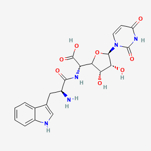 molecular formula C21H23N5O8 B12790037 (2S)-2-[[(2S)-2-amino-3-(1H-indol-3-yl)propanoyl]amino]-2-[(3S,4R,5R)-5-(2,4-dioxopyrimidin-1-yl)-3,4-dihydroxy-tetrahydrofuran-2-yl]acetic acid CAS No. 86632-67-9