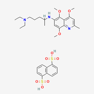 molecular formula C32H43N3O9S2 B12790409 Quinoline, 6-((4-(diethylamino)-1-methylbutyl)amino)-2-methyl-4,5,8-trimethoxy-, 1,5-naphthalenedisulfonate CAS No. 102259-67-6