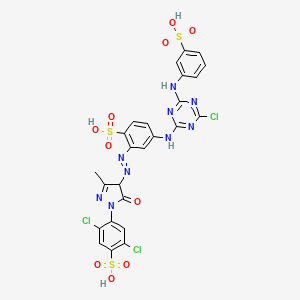 molecular formula C25H18Cl3N9O10S3 B12790501 4-((4-Chloro-6-((3-sulphophenyl)amino)-1,3,5-triazin-2-yl)amino)-2-((1-(2,5-dichloro-4-sulphophenyl)-4,5-dihydro-3-methyl-5-oxo-1H-pyrazol-4-yl)azo)benzenesulphonic acid CAS No. 85409-62-7