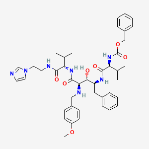 molecular formula C42H55N7O7 B12790714 L-Lyxonamide, 2,4,5-trideoxy-N-(1-(((2-(1H-imidazol-1-yl)ethyl)amino)carbonyl)-2-methylpropyl)-2-(((4-methoxyphenyl)methyl)amino)-4-((3-methyl-1-oxo-2-(((phenylmethoxy)carbonyl)amino)butyl)amino)-5-phenyl-, (1(S),4(S))- CAS No. 169305-63-9