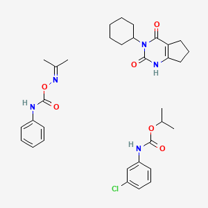 molecular formula C33H42ClN5O6 B12791134 Carbamic acid, (3-chlorophenyl)-, 1-methylethyl ester, mixt. with 3-cyclohexyl-6,7-dihydro-1H-cyclopentapyrimidine-2,4(3H,5H)-dione and 2-propanone O-((phenylamino)carbonyl)oxime CAS No. 50934-69-5