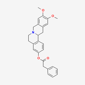 molecular formula C27H27NO4 B12791506 Benzeneacetic acid, 5,8,13,13a-tetrahydro-10,11-dimethoxy-6H-dibenzo(a,g)quinolizin-3-yl ester, (-)- CAS No. 93822-49-2
