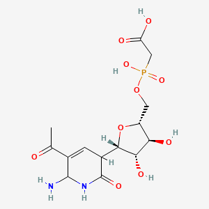 molecular formula C14H21N2O10P B12791699 ((5-(5-Acetyl-6-amino-2-oxo-1,2,3,6-tetrahydro-pyridin-3-yl)-3,4-dihydroxy-tetrahydro-furan-2-ylmethoxy)hydroxyphosphoryl)acetic acid CAS No. 117626-87-6