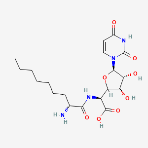molecular formula C19H30N4O8 B12791886 beta-D-Allofuranuronic acid, 5-((2-amino-1-oxooctyl)amino)-1,5-dideoxy-1-(3,4-dihydro-2,4-dioxo-1(2H)-pyrimidinyl)-, (R)- CAS No. 112139-14-7