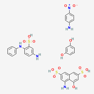molecular formula C12H12N2O3S.C10H9NO7S2.C6H6N2O2.C6H6O2<br>C34H33N5O14S3 B12791987 2,7-Naphthalenedisulfonic acid, 4-amino-5-hydroxy-, diazotized, coupled with resorcinol, coupled with diazotized 5-amino-2-(phenylamino)benzenesulfonic acid and diazotized 4-nitrobenzenamine CAS No. 90432-09-0