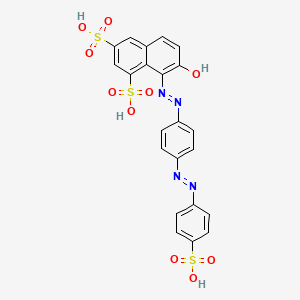 molecular formula C22H16N4O10S3 B12792068 Trisodium 7-hydroxy-8-((4-((4-sulphonatophenyl)azo)phenyl)azo)naphthalene-1,3-disulphonate CAS No. 7401-69-6