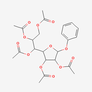 molecular formula C23H28O12 B12792116 Phenyl 2,3,5,6,7-penta-O-acetylheptofuranoside CAS No. 6631-63-6
