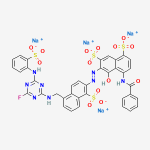 molecular formula C37H23FN8Na4O14S4 B12792450 4-(Benzoylamino)-6-((5-(((4-fluoro-6-((2-sulphophenyl)amino)-1,3,5-triazin-2-yl)amino)methyl)-1-sulpho-2-naphthyl)azo)-5-hydroxynaphthalene-1,7-disulphonic acid, sodium salt CAS No. 83763-64-8