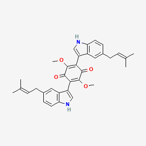 molecular formula C34H34N2O4 B12793775 2,5-Dimethoxy-3,6-bis(5-(3-methylbut-2-en-1-yl)-1H-indol-3-yl)benzo-1,4-quinone CAS No. 56489-20-4