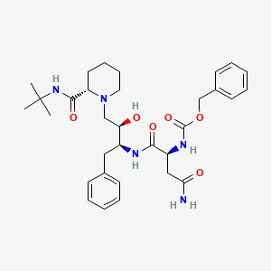 molecular formula C32H45N5O6 B12793970 Carbamic acid, (3-amino-1-(((3-(2-(((1,1-dimethylethyl)amino)carbonyl)-1-piperidinyl)-2-hydroxy-1-(phenylmethyl)propyl)amino)carbonyl)-3-oxopropyl)-, phenylmethyl ester, (2S-(1(1R*(R*),2S*),2R*))- CAS No. 127749-97-7