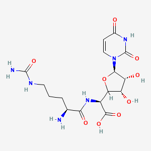 molecular formula C16H24N6O9 B12793989 1-(5'-(L-Citrullylamino)-5'-deoxy-beta-D-allofuranosyluronic acid)uracil CAS No. 86632-65-7