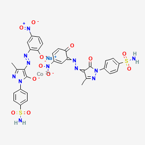 molecular formula C32H24CoN12NaO12S2 B12794779 sodium;cobalt(3+);4-[4-[[3-(dioxidoamino)-6-oxocyclohexa-2,4-dien-1-ylidene]hydrazinylidene]-3-methyl-5-oxopyrazol-1-yl]benzenesulfonamide;5-methyl-4-[(5-nitro-2-oxidophenyl)diazenyl]-2-(4-sulfamoylphenyl)pyrazol-3-olate CAS No. 85187-58-2