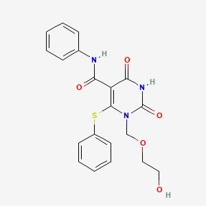 molecular formula C20H19N3O5S B12795164 1-((2-Hydroxyethoxy)methyl)-5-(phenylcarbamoyl)-6-(phenylthio)uracil CAS No. 137897-82-6