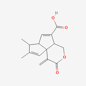 molecular formula C15H16O4 B12795285 6,7-Dimethyl-4-methylene-3-oxo-1,3,4,7,7a,9a-hexahydropentaleno(1,6a-c)pyran-9-carboxylic acid CAS No. 70857-52-2
