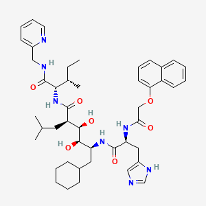 molecular formula C46H63N7O7 B12795531 L-Idonamide, 6-cyclohexyl-2,5,6-trideoxy-5-((3-(1H-imidazol-4-yl)-2-(((1-naphthalenyloxy)acetyl)amino)-1-oxopropyl)amino)-2-(2-methylpropyl)-N-(2-methyl-1-(((2-pyridinylmethyl)amino)carbonyl)butyl)-, (1(1S,2S),5(S))- CAS No. 134485-19-1