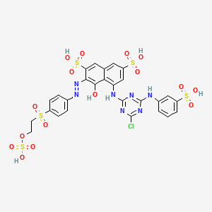 molecular formula C27H22ClN7O16S5 B12795596 2,7-Naphthalenedisulfonic acid, 5-((4-chloro-6-((3-sulfophenyl)amino)-1,3,5-triazin-2-yl)amino)-4-hydroxy-3-((4-((2-(sulfooxy)ethyl)sulfonyl)phenyl)azo)- CAS No. 72987-39-4
