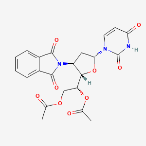 molecular formula C22H21N3O9 B12796044 beta-1-(5,6-Di-O-acetyl-2,3-dideoxy-3-phthalimido-D-ribo-hexafuranosyl)uracil CAS No. 133488-30-9
