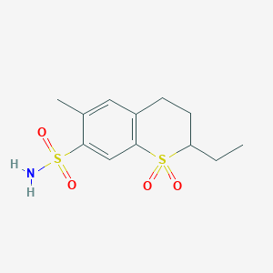 molecular formula C12H17NO4S2 B12796114 2H-1-Benzothiopyran-7-sulfonamide, 2-ethyl-3,4-dihydro-6-methyl-,1,1-dioxide CAS No. 1222-40-8