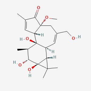 molecular formula C21H30O6 B12796140 5H-Cyclopropa(3,4)benz(1,2-e)azulen-5-one, 1,1a,1b,4,4a,7a,7b,8,9,9a-decahydro-7b,9,9a-trihydroxy-3-(hydroxymethyl)-4a-methoxy-1,1,6,8-tetramethyl-, (1aR-(1aalpha,1bbeta,4abeta,7aalpha,7balpha,8alpha,9beta,9aalpha))- CAS No. 71980-86-4