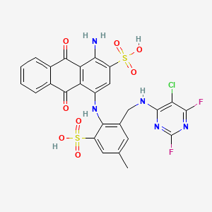 molecular formula C26H18ClF2N5O8S2 B12796175 2-Anthracenesulfonic acid, 1-amino-4-[[2-[[(5-chloro-2,6-difluoro-4-pyrimidinyl)amino]methyl]-4-methyl-6-sulfophenyl]amino]-9,10-dihydro-9,10-dioxo- CAS No. 68413-53-6