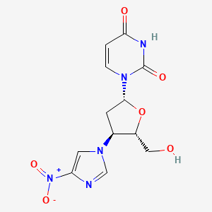 molecular formula C12H13N5O6 B12796306 Uridine, 2',3'-dideoxy-3'-(4-nitro-1H-imidazol-1-yl)- CAS No. 132149-48-5