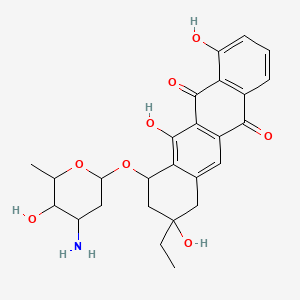molecular formula C26H29NO8 B12796374 5,12-Naphthacenedione, 10-((3-amino-2,3,6-trideoxy-alpha-L-lyxo-hexopyranosyl)oxy)-8-ethyl-7,8,9,10-tetrahydro-1,8,11-trihydroxy-, (8S-cis)- CAS No. 81382-08-3