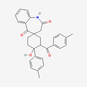 molecular formula C30H29NO4 B12796422 Spiro(4H-1-benzazepine-4,1'-cyclohexane)-2,5(1H,3H)-dione, 4'-hydroxy-3'-(4-methylbenzoyl)-4'-(4-methylphenyl)- CAS No. 190334-45-3