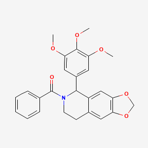 molecular formula C26H25NO6 B12796729 6-Benzoyl-5-(3,4,5-trimethoxyphenyl)-5,6,7,8-tetrahydro(1,3)dioxolo(4,5-g)isoquinoline CAS No. 7146-89-6