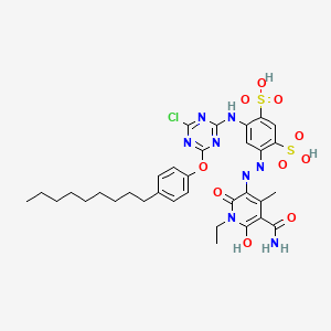 molecular formula C33H39ClN8O10S2 B12796753 4-((5-(Aminocarbonyl)-1-ethyl-1,6-dihydro-2-hydroxy-4-methyl-6-oxo-3-pyridyl)azo)-6-((4-chloro-6-(4-nonylphenoxy)-1,3,5-triazin-2-yl)amino)benzene-1,3-disulphonic acid CAS No. 93858-29-8